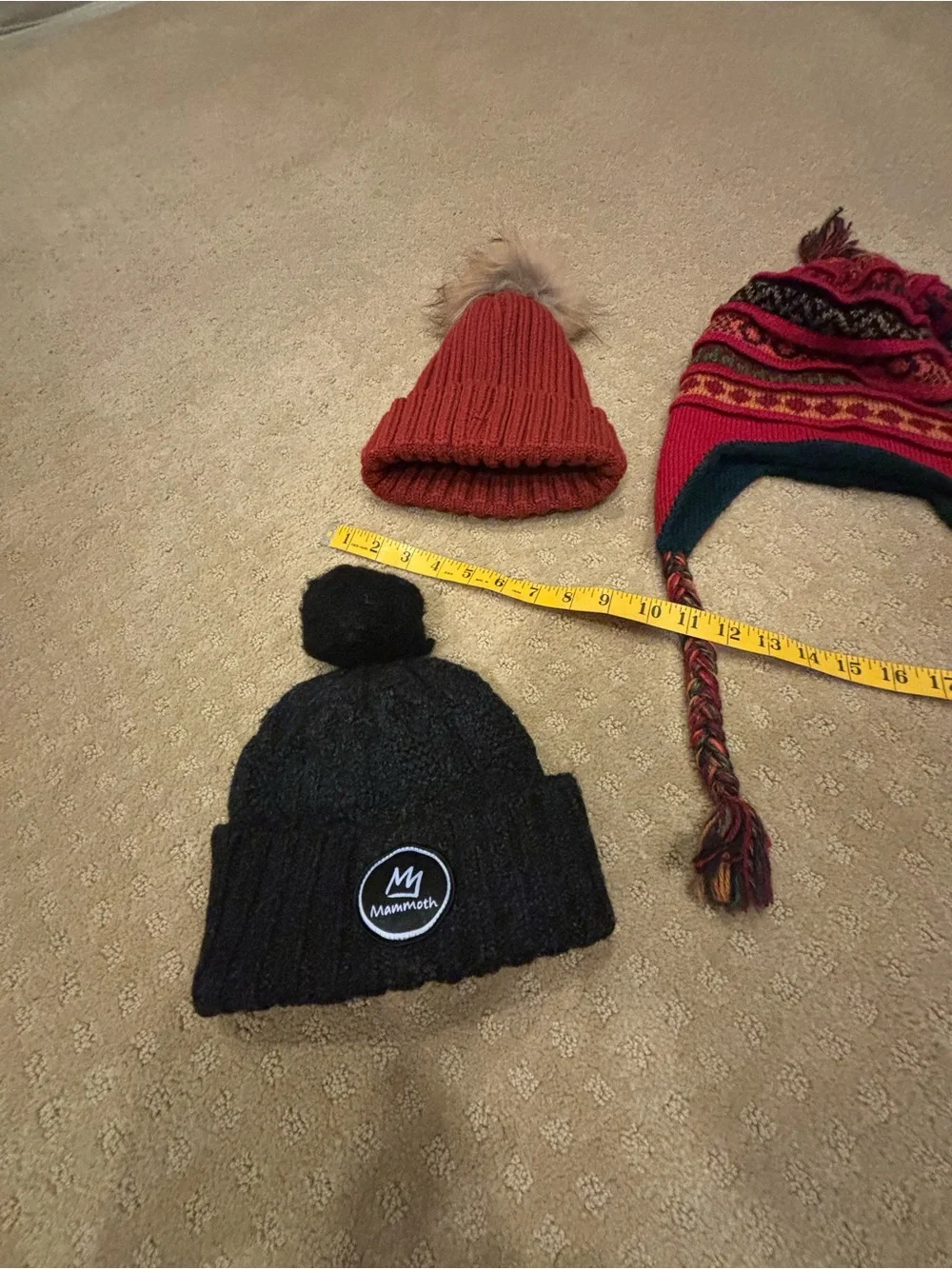 Lot of 7 Knit Beanies and Earflap Hat - Red, Gray, Black, Orange